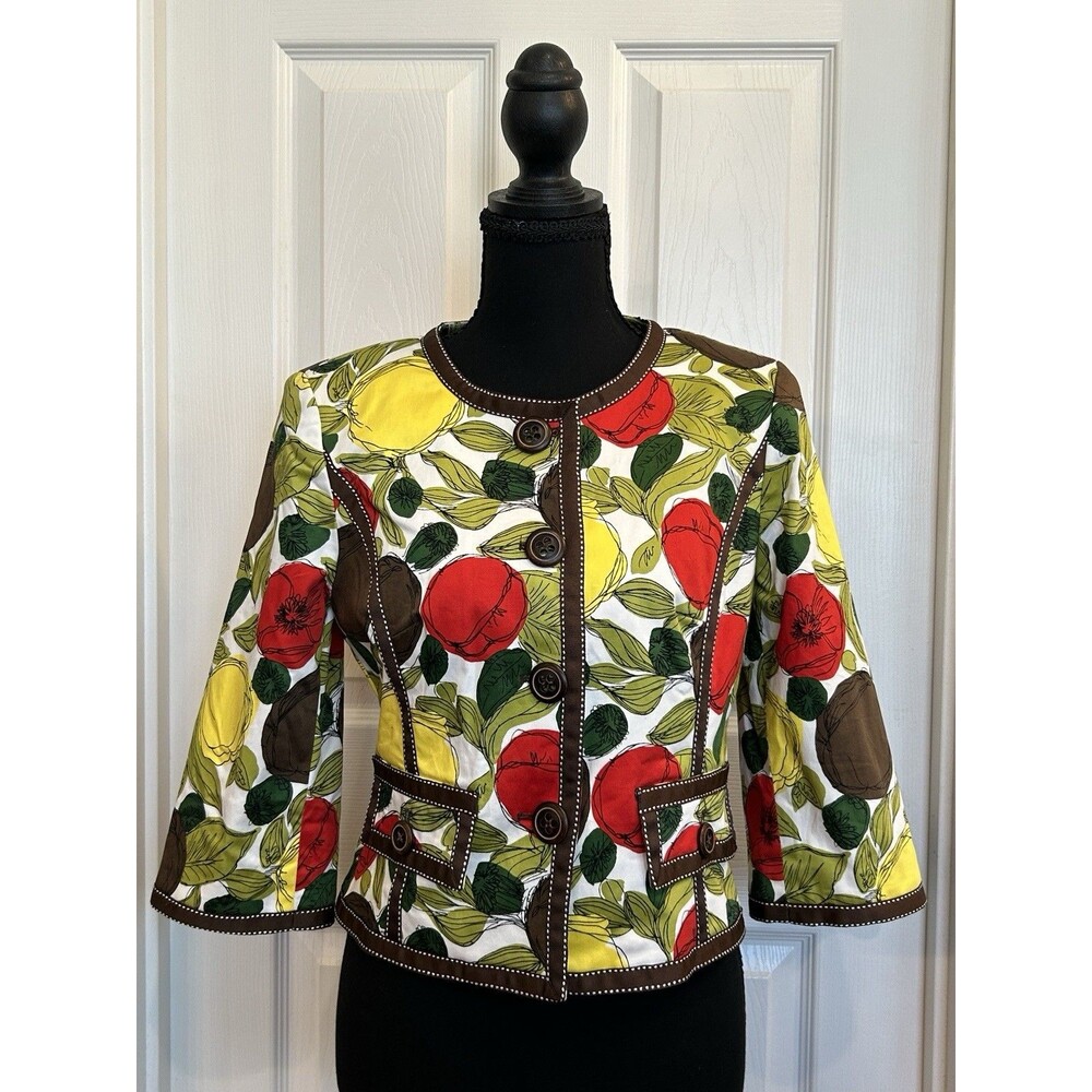 Cynthia Steffe Vintage Jacket Sz 8 97% Cotton Novelty Fruit&Veg Print 3/4 Sleeve